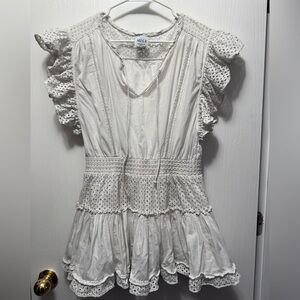 MISA Los Angeles Sakira White 100% Cotton Eyelet Ruffle Mini Dress Size Small